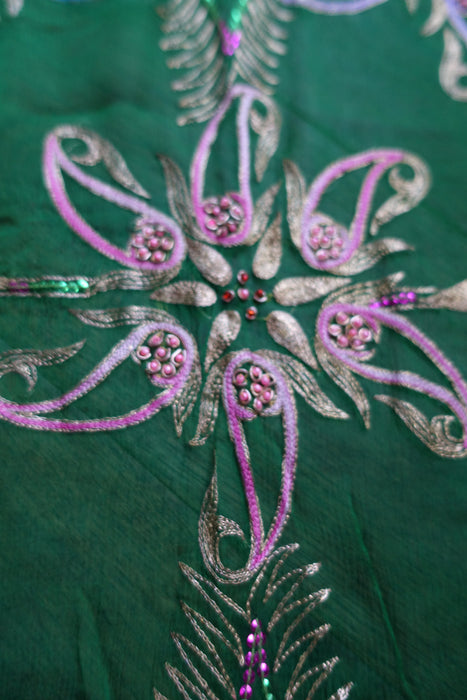 Green Heavily Embellished Silk Chiffon Vintage Dupatta - New