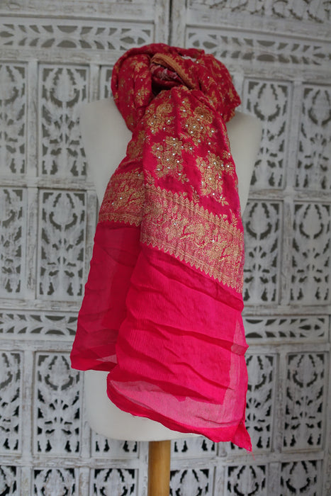 Pink Silk Chiffon Banarsi Vintage Dupatta - Preloved