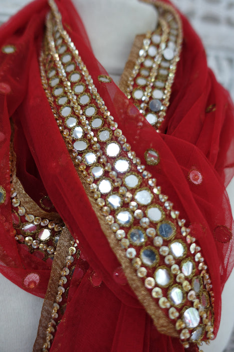 Soft Red Net With Mirror Trim And Gold Bells - Preloved