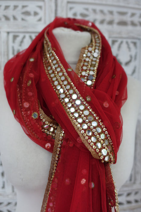 Soft Red Net With Mirror Trim And Gold Bells - Preloved