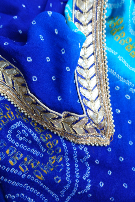 Blue Bandhani Print With Gold Gota Braid Trim - New