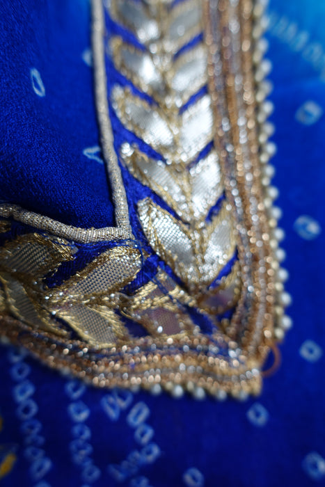 Blue Bandhani Print With Gold Gota Braid Trim - New