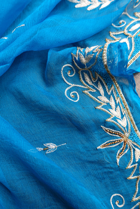 Blue Silk Chiffon Vintage Embroidered Dupatta - Preloved