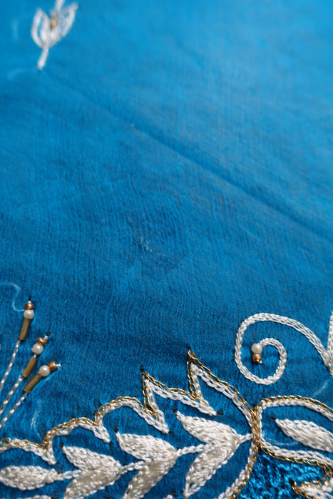 Blue Silk Chiffon Vintage Embroidered Dupatta - Preloved