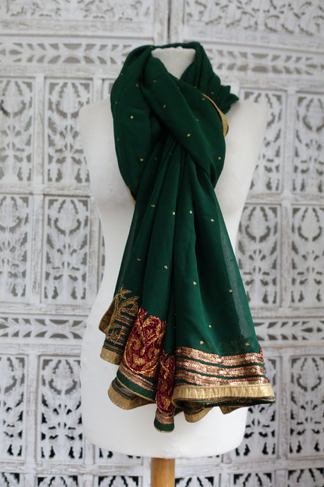 Forest Green Chiffon Dupatta With Velvet And Antique Gold - Preloved