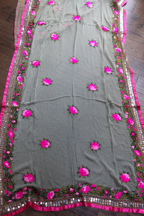 Sage Green Chiffon With Pink Floral Embroidered Dupatta - New