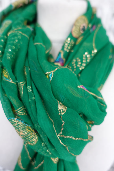 Green Silk Chiffon Vintage Dupatta - Preloved