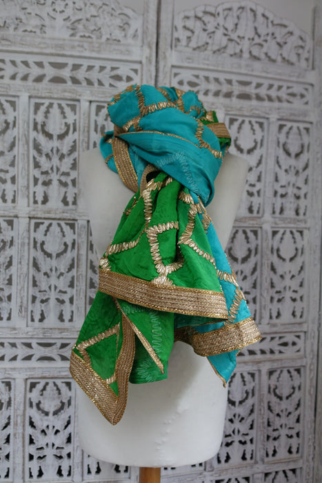 Green And Blue Gold Braided Dupatta - New
