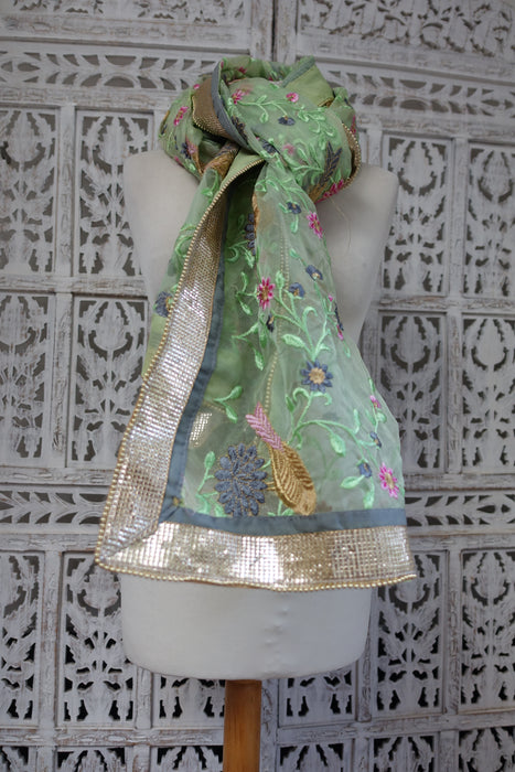 Light Green Voile Floral Embroidered Dupatta - New