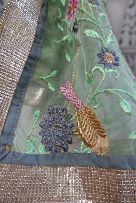 Light Green Voile Floral Embroidered Dupatta - New