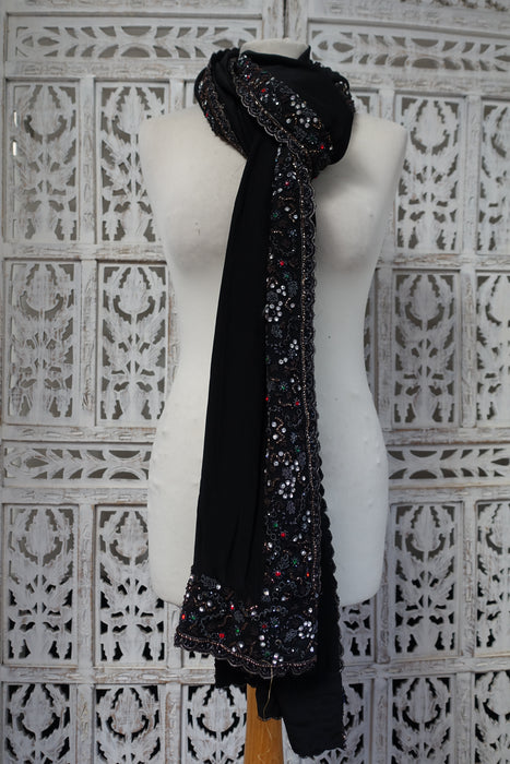 Black Crepe Silk Diamante Embellished Dupatta - Preloved