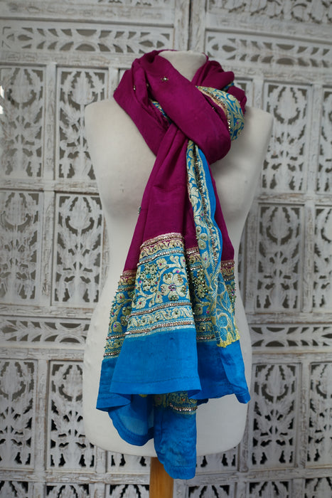 Purple And Blue Banarsi Silk Chiffon Dupatta - New