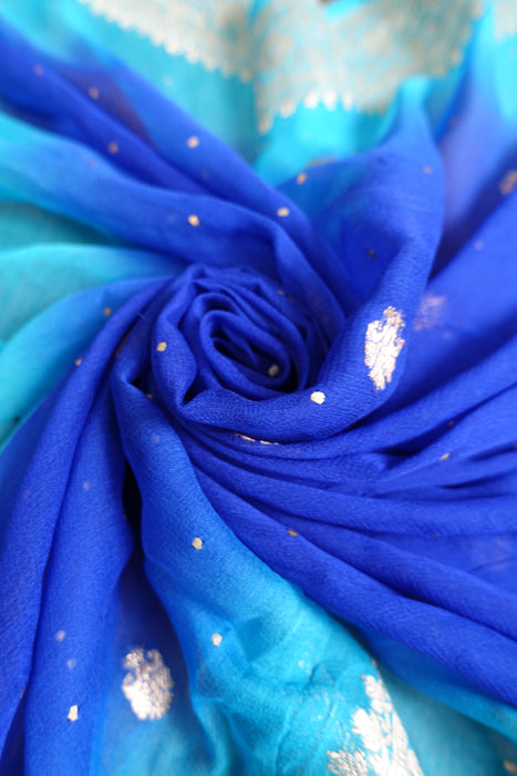2 Shades Of Blue Silk Chiffon Banarsi Dupatta - New