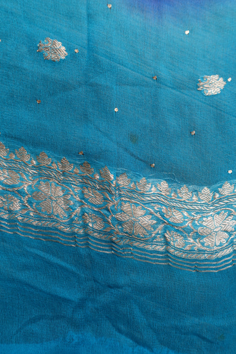 2 Shades Of Blue Silk Chiffon Banarsi Dupatta - New