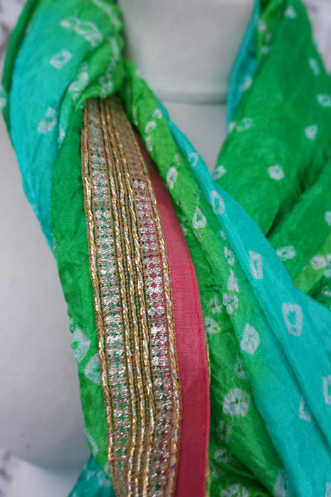 Shades Of Green Pink Bandhani Print Crepe Dupatta - New