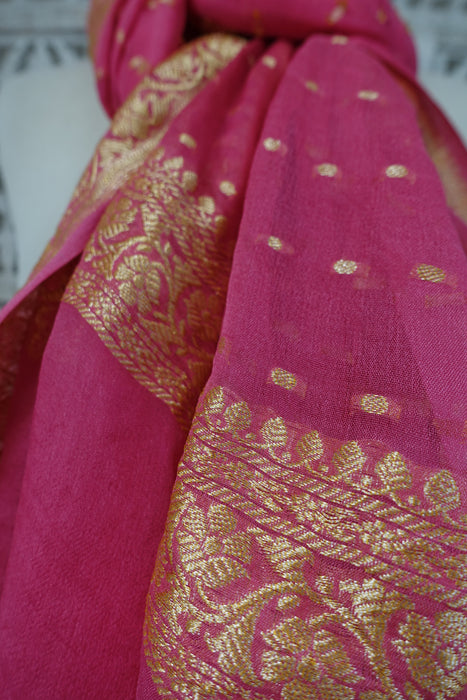 Pink Banarsi With Gold Thread Work Woven Dupatta - New