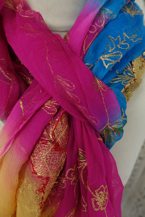 Pink Blue Yellow Silk Chiffon Embellished Dupatta - New