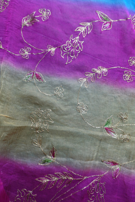 Pink Blue Yellow Silk Chiffon Embellished Dupatta - New