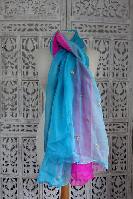Blue And Pink Gold Tilla Vintage Silk Chiffon Dupatta - New