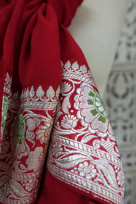 Red Silk With Banarsi Brocade Border - New