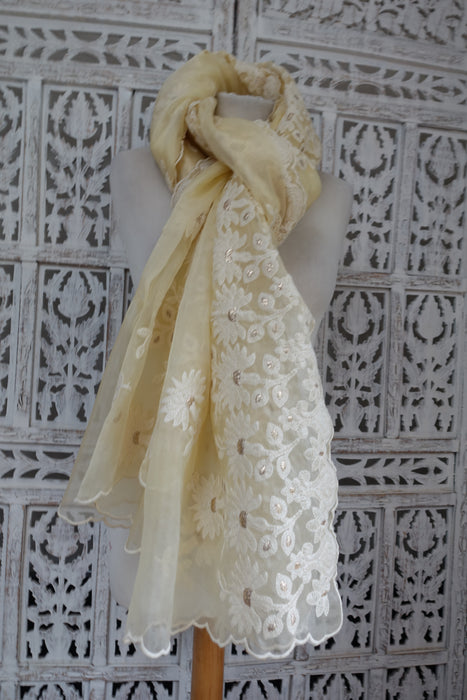Cream Floral Embroidered Dupatta - New