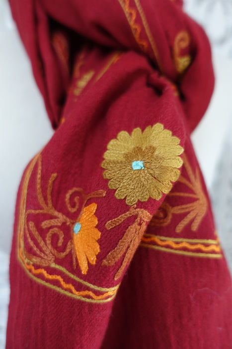 Maroon Wool Embroidered Shawl - Preloved
