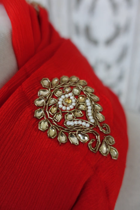 Red Silk With Gold Border And Zardosi Dupatta - New