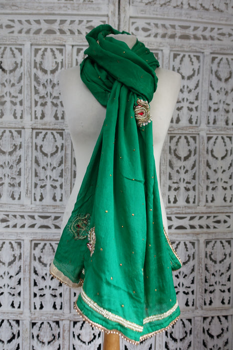 Emerald Green Crushed Silk With Zardosi - New