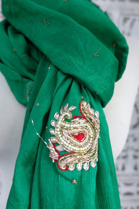 Emerald Green Crushed Silk With Zardosi - New