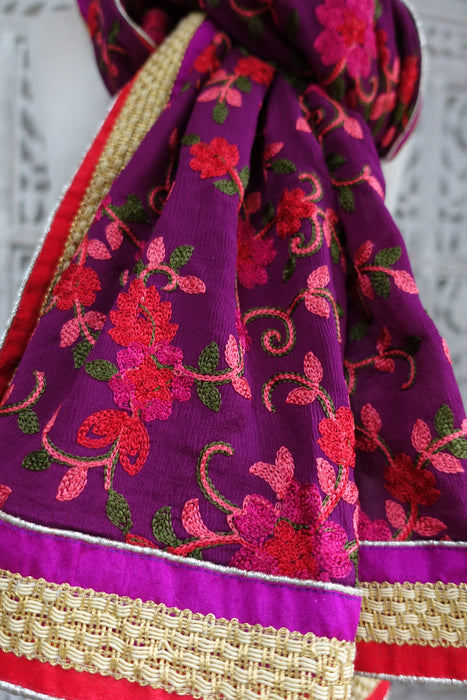 Purple Floral Embroidered Large Dupatta - New