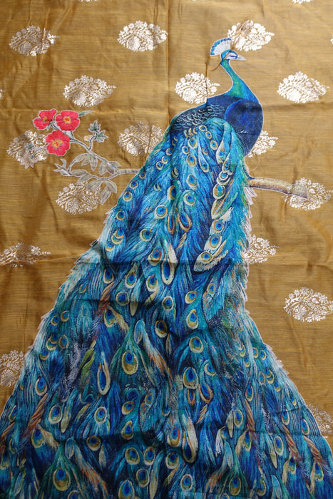Ochre Peacock Print Silk Blend Dupatta - New