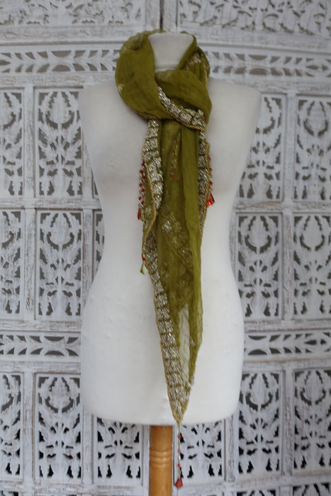 Green Silk Chiffon Beaded Dupatta - Preloved