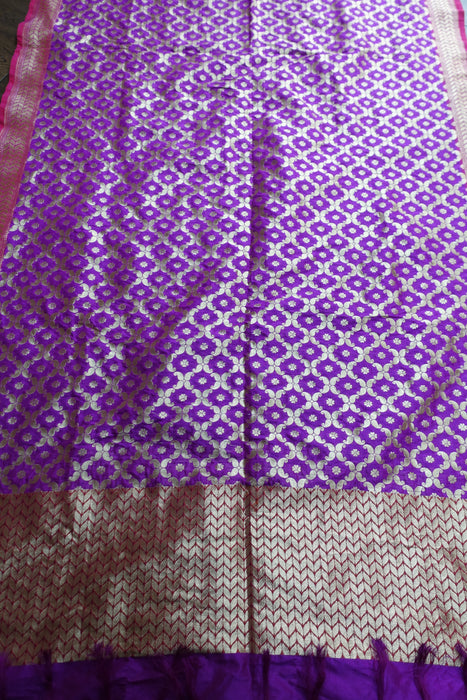 Purple And Red Banarsi Style Fringe Shawl - New