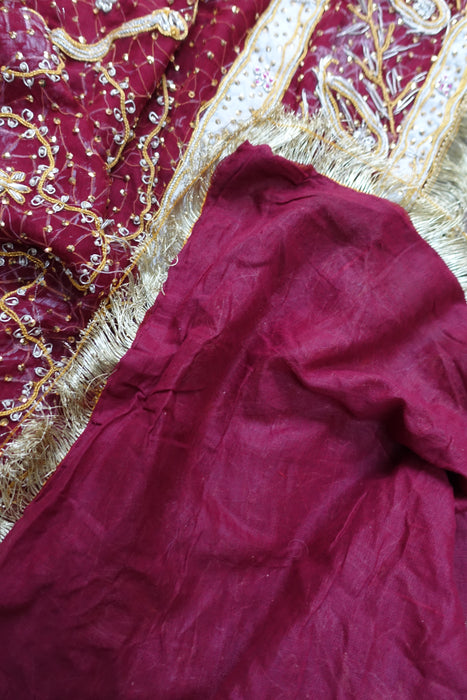 Maroon Vintage Silk Chiffon Wedding Dupatta - New