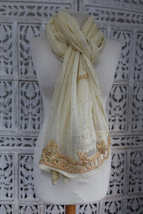 Cream Silk Chiffon Vintage Zardosi Cutwork Dupatta - New