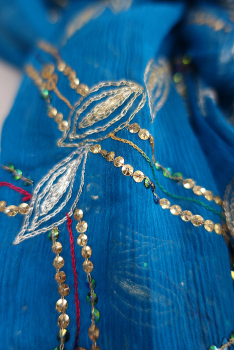 Peacock Blue Vintage Embellished Dupatta - Preloved