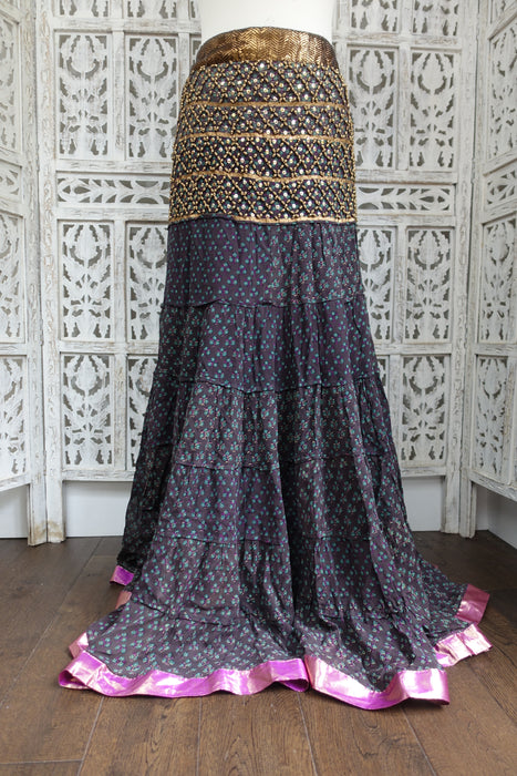 Dark Grey Floral Print Tiered Skirt - Preloved - Indian Suit Company