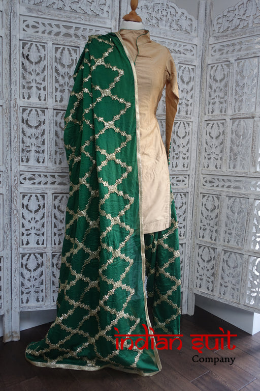 Cream & Green Gold Braid Salwar Kameez UK 8 / EU 34 - Preloved - Indian Suit Company