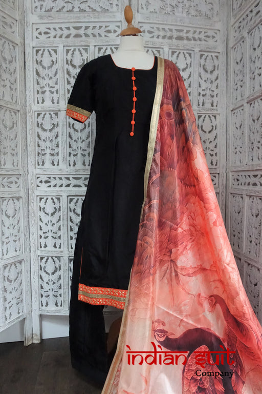 Black Crepe Silk Punjabi Salwar Kameez UK 10 / EU 36 - Preloved - Indian Suit Company
