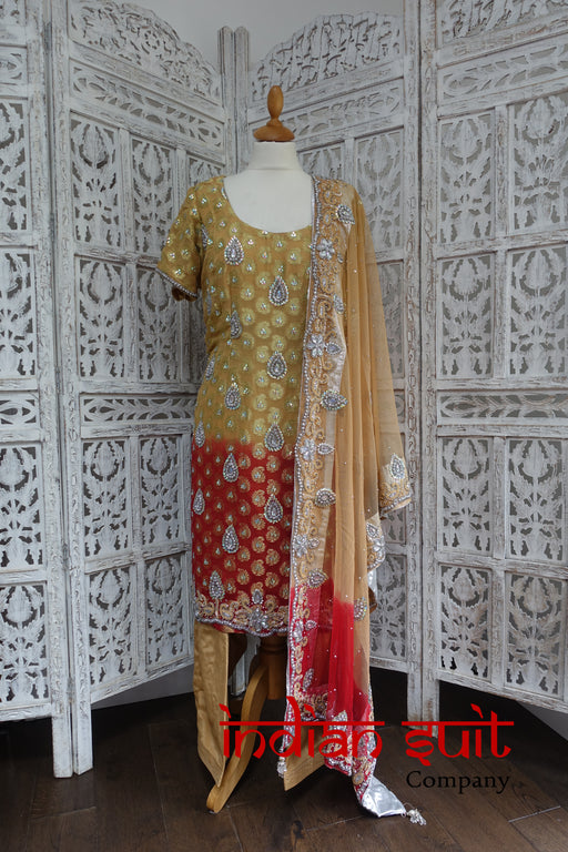 Caramel & Red Banarsi Chiffon Salwar Kameez UK 20 / EU 46 - Preloved - Indian Suit Company