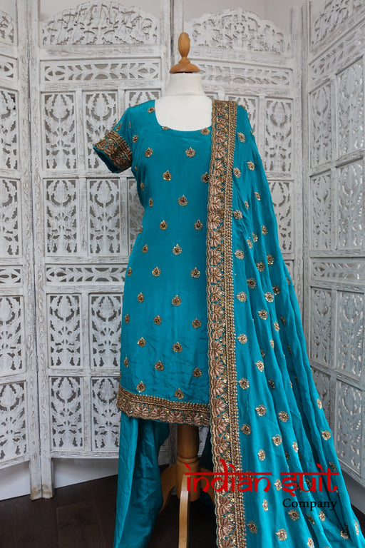 Teal Silk Punjabi Salwar Kameez UK 10 / EU 36 - Preloved - Indian Suit Company
