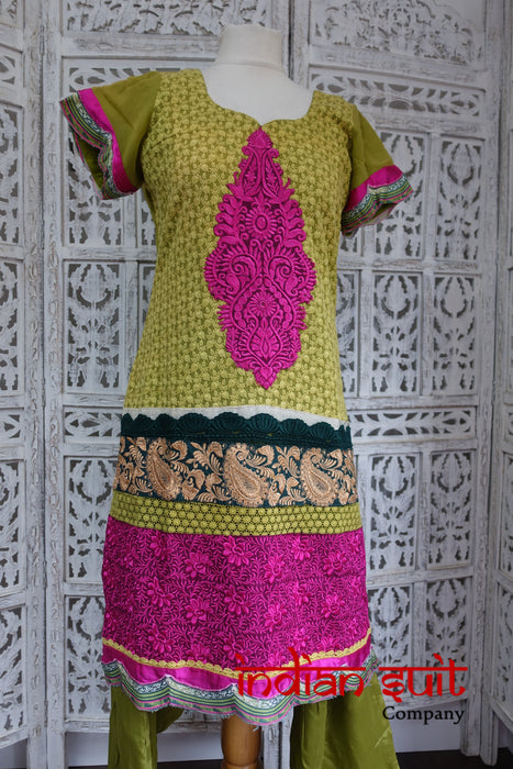 Green & Pink Cotton Salwar Kameez UK 12 / EU 38 - Preloved - Indian Suit Company