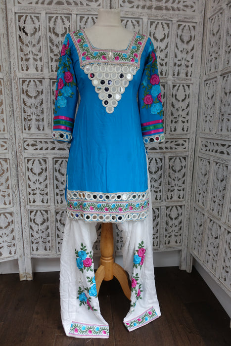 Blue & White Petite Silk Mirror Salwar Kameez UK 6 / EU 32 - Preloved - Indian Suit Company