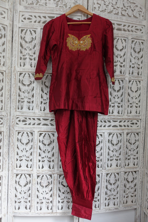 Maroon Pure Silk Vintage Salwar Suit - UK 10 / EU 36 - New - Indian Suit Company
