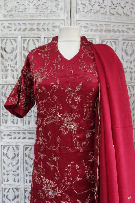 Dark Red Brushed Silk Salwar Suit - UK 24 / EU 50 - New - Indian Suit Company