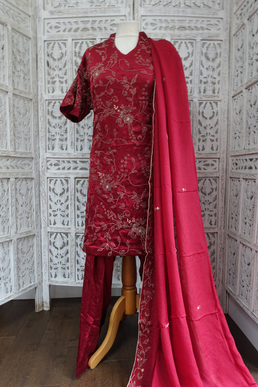 Dark Red Brushed Silk Salwar Suit - UK 24 / EU 50 - New - Indian Suit Company