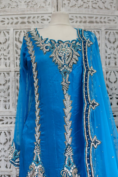 Blue Silk Diamante Studded Salwar Kameez - UK 10 / EU 36 - Preloved