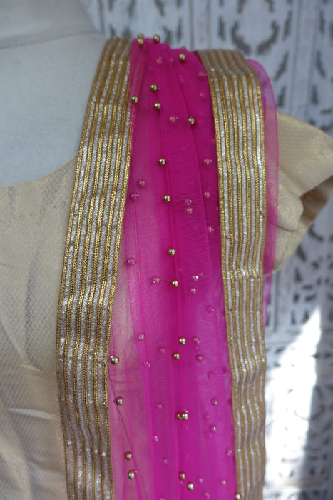 Gold Pink And Blue Banarsi Salwar Suit - UK 12 / EU 38 - Preloved