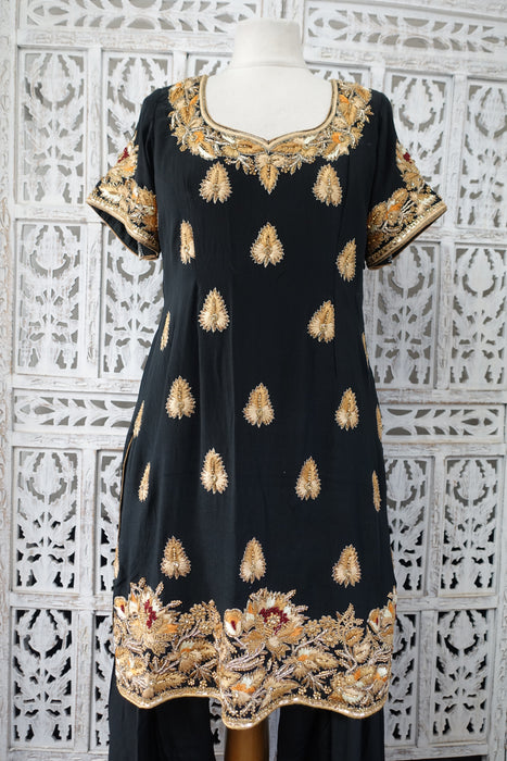 Black Silk Embroidered Salwar Suit - UK 12 / EU 38 - Preloved