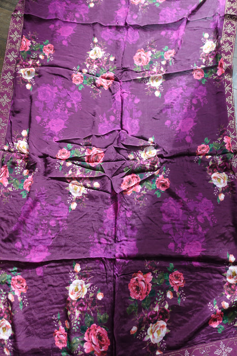 Plum Silk Salwar Suit With Floral Dupatta- UK 12 / EU 38 - Preloved
